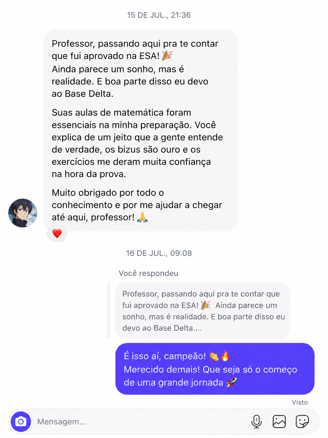 Print de aluno aprovado na ESA agradecendo ao Base Delta