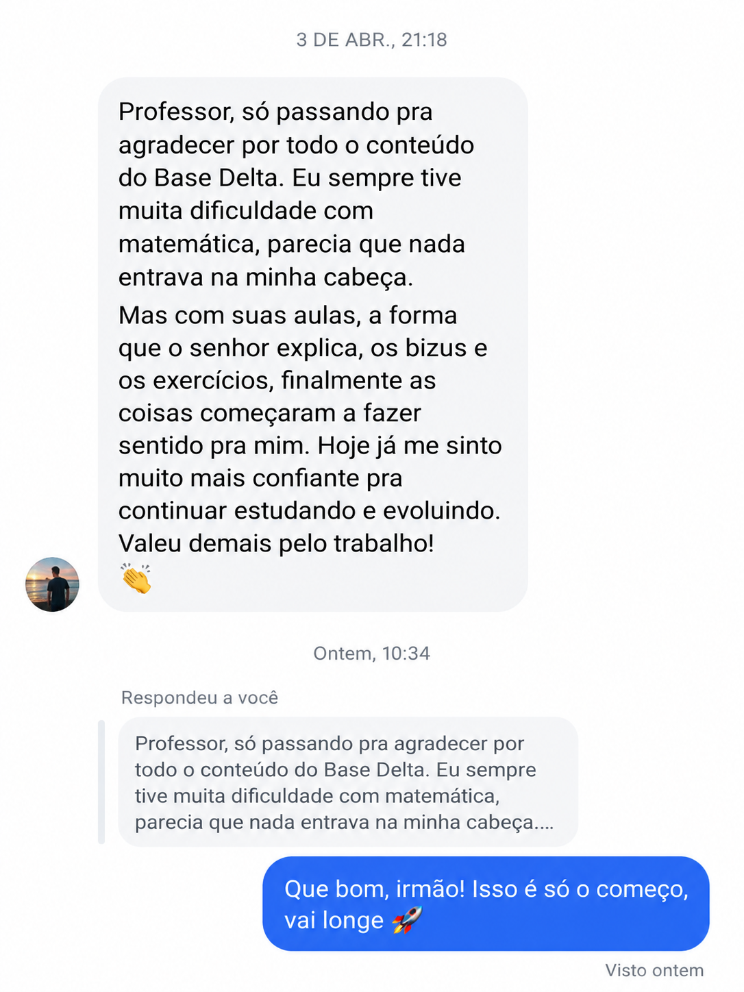 Print de mensagem de aluno agradecendo pelo Base Delta